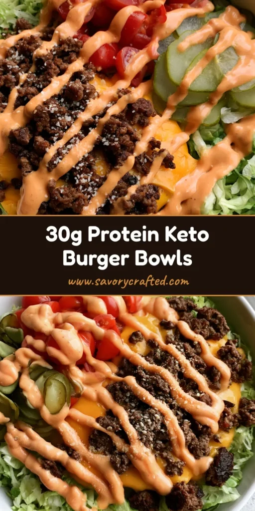 A high-protein cheeseburger bowl with seared beef, melted cheddar, lettuce, tomatoes, and pickles. (High-Protein Cheeseburger Bowls)