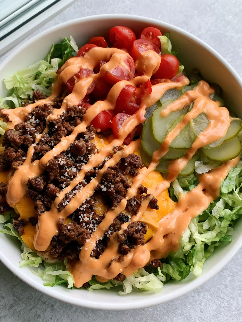 Close up view of seared ground beef topped with thick melted orange cheddar and special sauce. (High-Protein Cheeseburger Bowls)