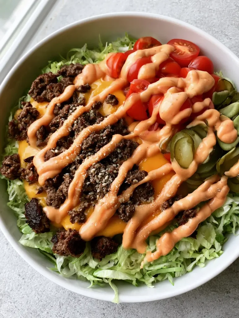 Top down shot of a completed cheeseburger bowl showing the separation of beef, tomatoes, and pickles.