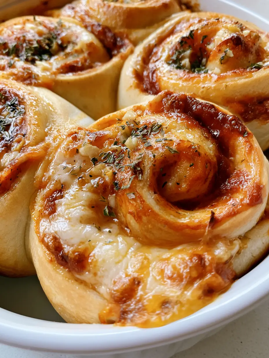 New York Pizza Rolls with Garlic Butter and Bubbly Mozzarella 3 Top down view of golden-brown New York Pizza Rolls with visible red marinara and green herb flakes.
