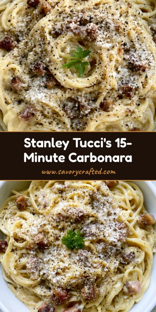 A top-down smartphone photo of Stanley Tucci Carbonara Recipe in a white bowl with crispy pancetta and parsley.