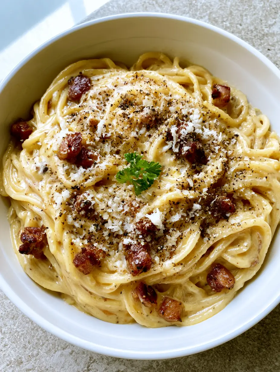 Close up view of emulsified egg and cheese sauce on spaghetti. (Stanley Tucci Carbonara Recipe)