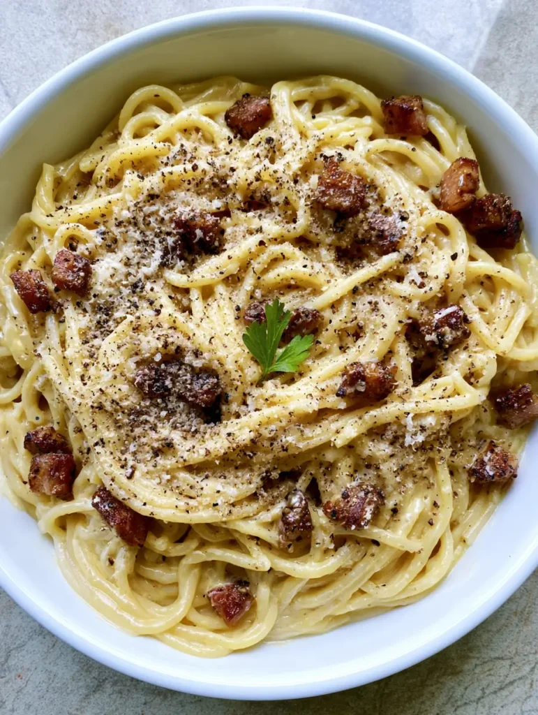 A shallow white bowl overflowing with spaghetti carbonara, topped with a snow-like dusting of Pecorino Romano.