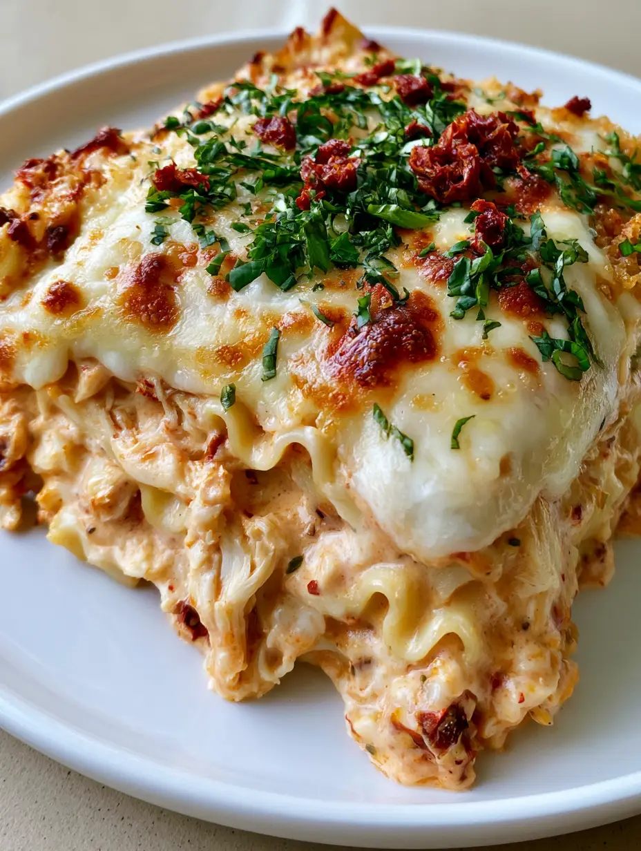 Detailed view of the thick velvety sun-dried tomato sauce and golden brown bubbly mozzarella on top of Marry Me Chicken Lasagna. (Marry Me Chicken Lasagna)