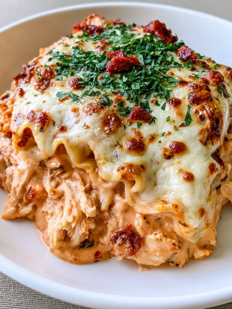 Cross-section of Marry Me Chicken Lasagna showing layers of wavy noodles and shredded white meat chicken in a pink cream sauce.