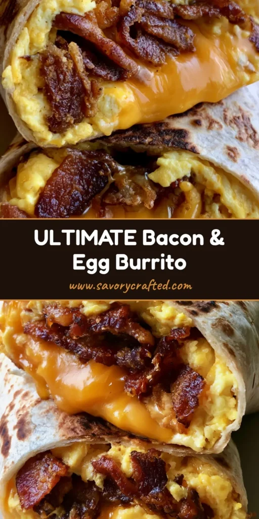 A close-up cross-section of a Bacon Egg and Cheese Breakfast Burrito showing layers of fluffy eggs, crispy bacon, and melted cheddar.
