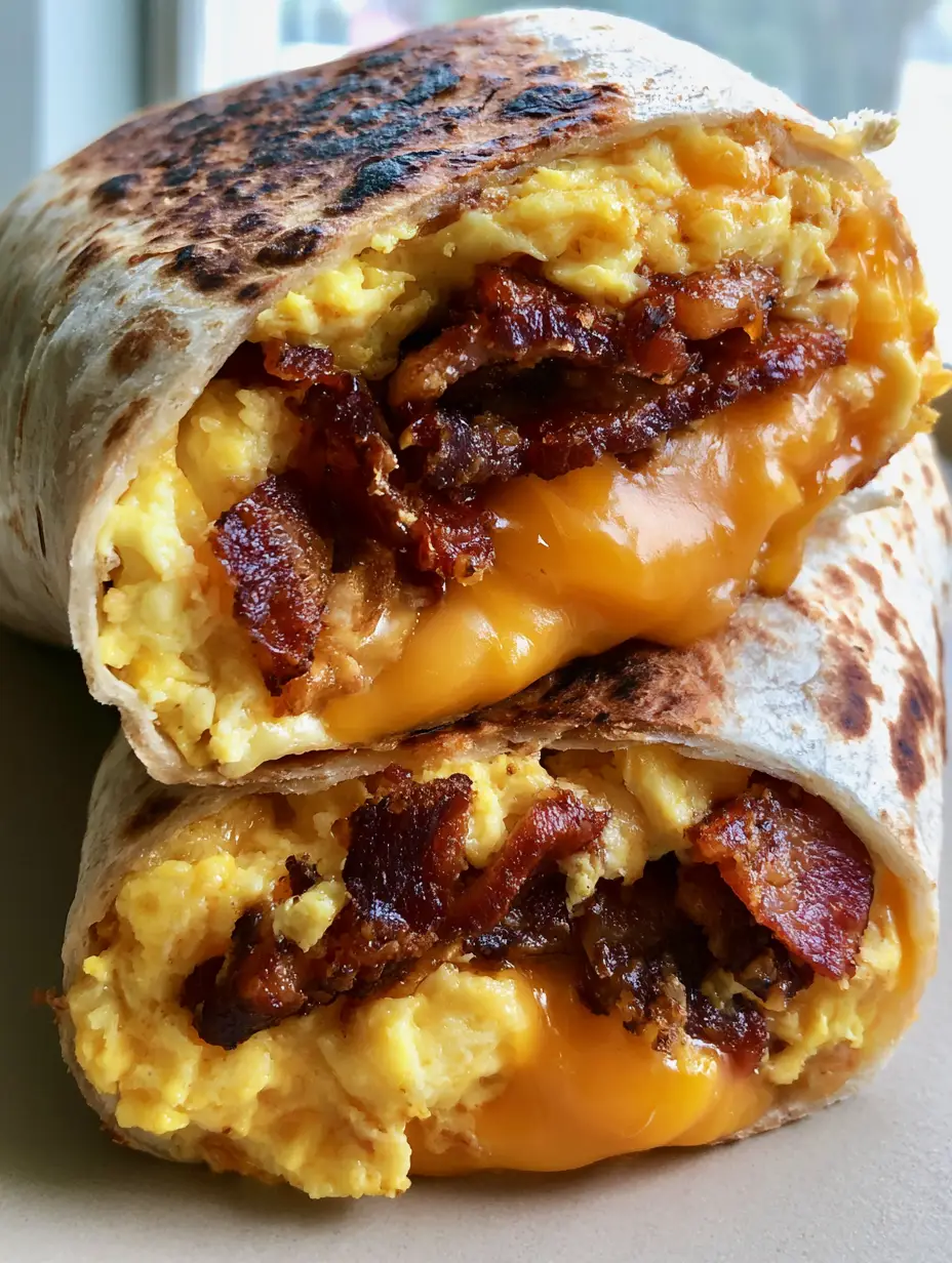 Handheld photo of a toasted breakfast burrito with deep-browned bacon and steaming eggs. (Bacon Egg and Cheese Breakfast Burrito)