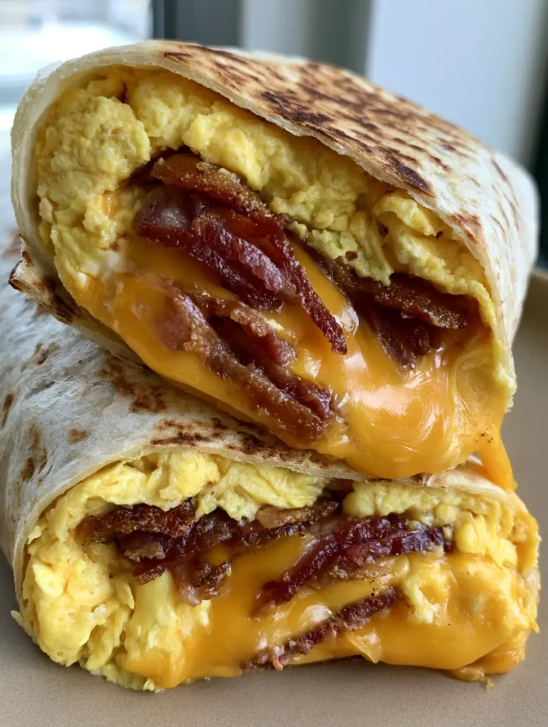 Smartphone photo showing the dense, gooey cheese and egg interior of a Bacon Egg and Cheese Breakfast Burrito.