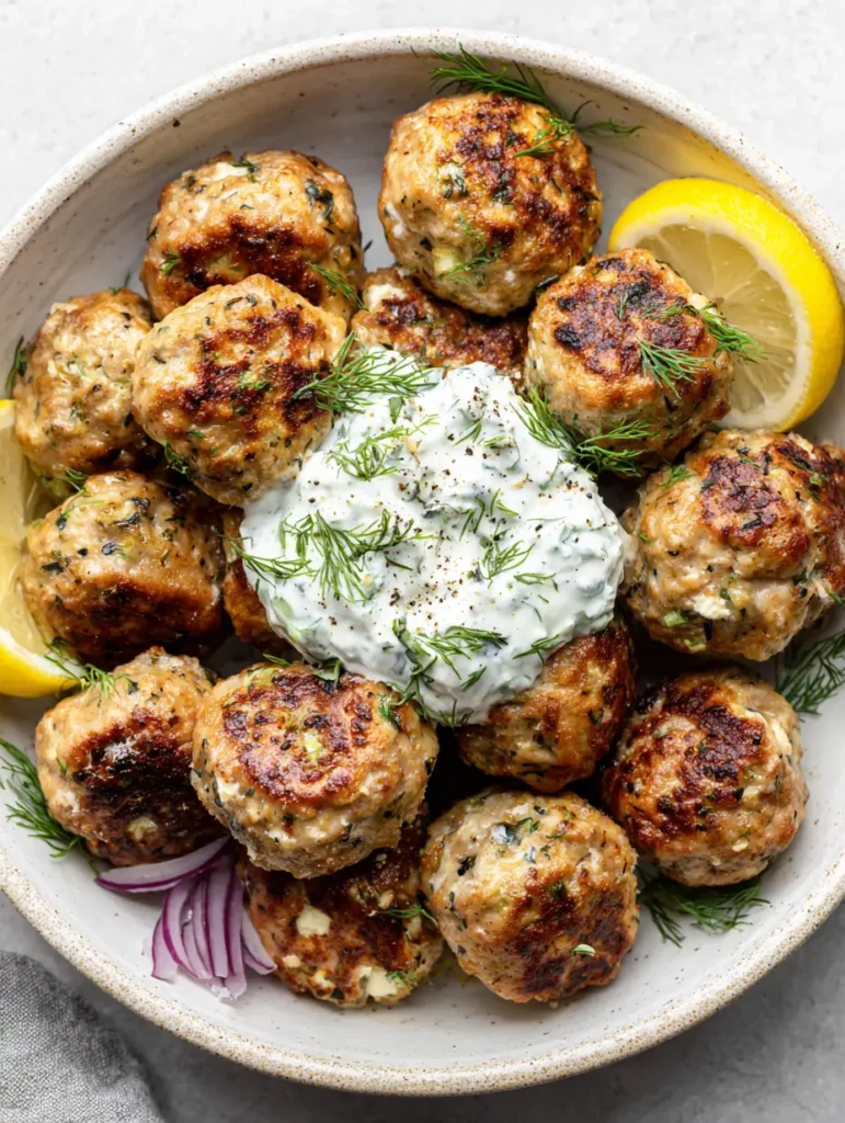 Rustic white ceramic bowl containing seared chicken meatballs topped with tzatziki sauce and herbs.