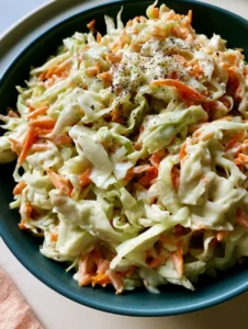 Overhead shot of freshly prepared Homemade Coleslaw in a teal bowl on a neutral surface with a peach napkin.