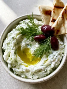A close-up handheld smartphone photo of Authentic Tzatziki Recipe showing a pool of golden olive oil and fresh dill garnishes.