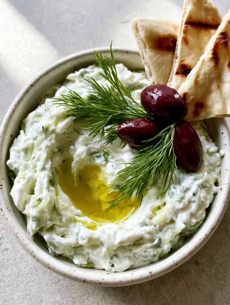 A close-up handheld smartphone photo of Authentic Tzatziki Recipe showing a pool of golden olive oil and fresh dill garnishes.