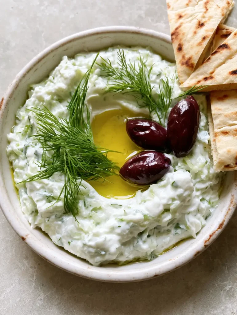 Authentic Tzatziki Recipe: The Secret to the Creamiest Greek Yogurt Dip 1 Authentic Tzatziki Recipe served in a rustic bowl on a grey stone countertop with charred toasted pita wedges.