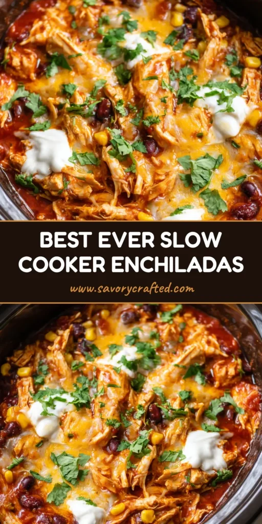 A close-up of Crockpot Chicken Enchilada Casserole with bubbling melted cheese, corn, and black beans.