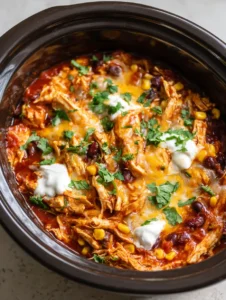 High-angle shot of Crockpot Chicken Enchilada Casserole in a dark ceramic slow cooker.