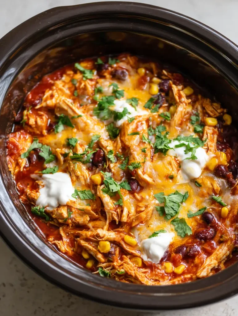 High-angle shot of Crockpot Chicken Enchilada Casserole in a dark ceramic slow cooker.