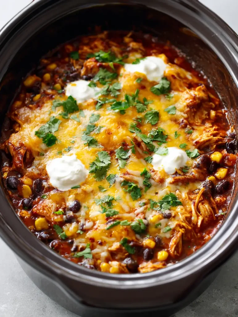 Close-up of shredded chicken saturated in red sauce with corn and beans in a Crockpot Chicken Enchilada Casserole.