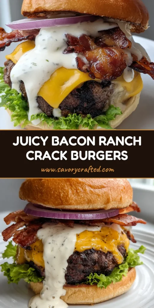 Crack Burgers: The Ultimate Bacon Ranch Brioche Burger Recipe 4 A gourmet Crack Burger with thick drooping yellow cheddar, crispy bacon, and creamy ranch drizzle on a brioche bun.