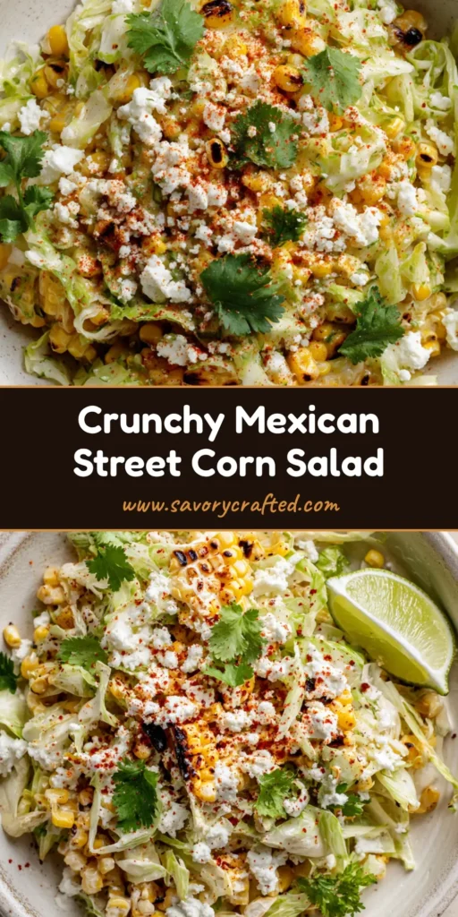 A close-up shot of Mexican Street Corn Salad in a white bowl with charred corn, cabbage, and red chili powder dusting.