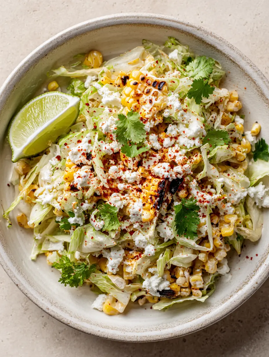 Top-down view of Mexican Street Corn Salad with charred yellow corn, green cabbage, and white cotija cheese.