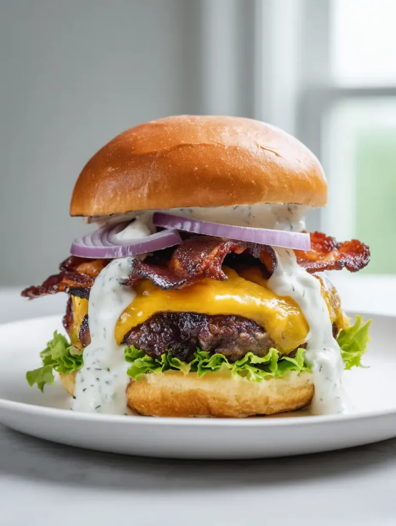 Crack Burgers: The Ultimate Bacon Ranch Brioche Burger Recipe 1 Crack Burger assembly with dripping ranch sauce and wavy bacon.