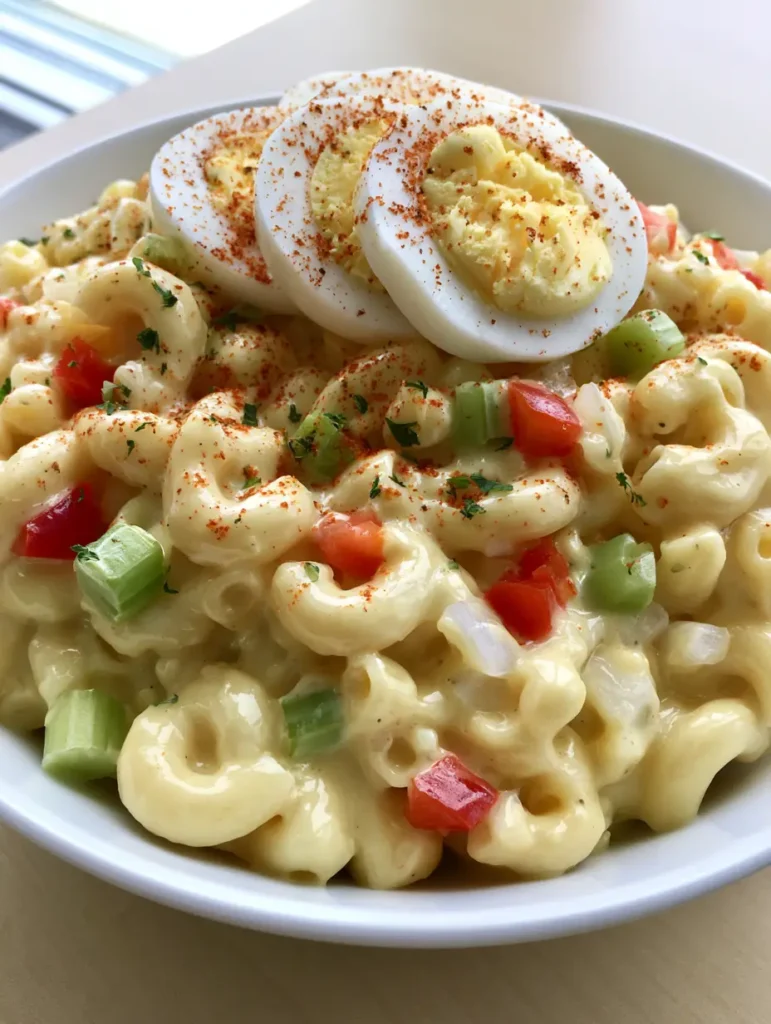 A handheld smartphone photo of a white ceramic bowl filled with creamy Dolly Parton Macaroni Salad with visible red peppers and celery.