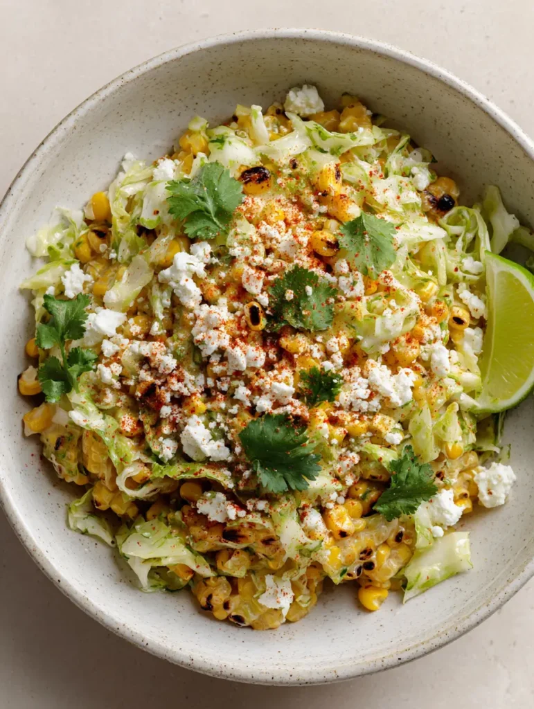 Rustic white bowl filled with Mexican Street Corn Salad garnished with cilantro and lime wedges.