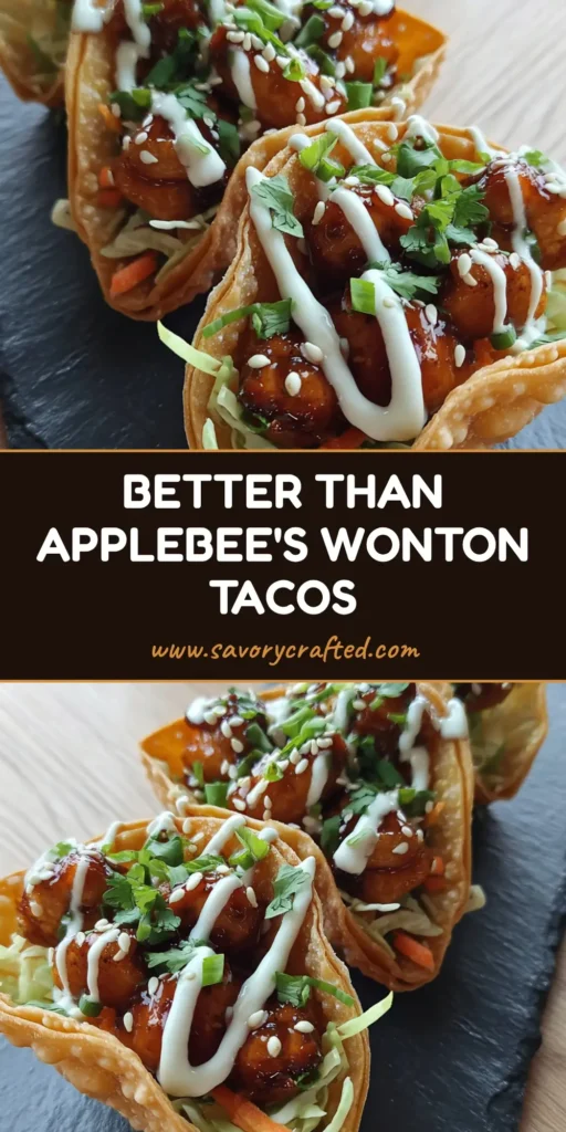 Applebee's Chicken Wonton Tacos: The Ultimate Crispy Copycat Recipe 4 Three crispy Applebee's Chicken Wonton Tacos on a black slate plate with honey-soy glazed chicken and a white sauce drizzle.