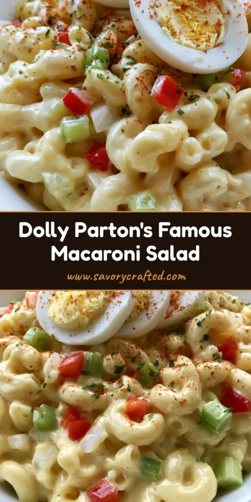 A top-down view of Dolly Parton Macaroni Salad in a white bowl showing sliced eggs and paprika dusting on a wooden table.