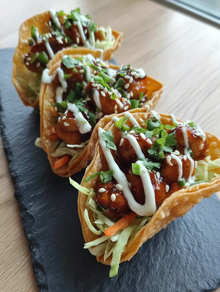Applebee's Chicken Wonton Tacos: The Ultimate Crispy Copycat Recipe 2 A close-up handheld shot of three crispy fried wonton taco shells filled with cabbage, carrots, and glazed chicken. (Applebee's Chicken Wonton Tacos)