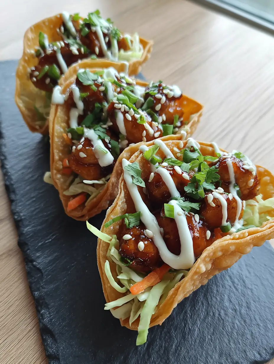 Applebee's Chicken Wonton Tacos: The Ultimate Crispy Copycat Recipe 3 A close-up handheld shot of three crispy fried wonton taco shells filled with cabbage, carrots, and glazed chicken. (Applebee's Chicken Wonton Tacos)