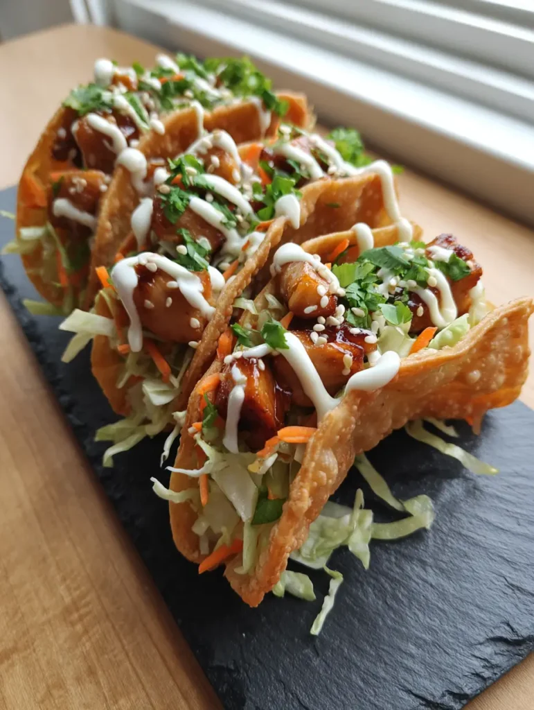 Applebee's Chicken Wonton Tacos: The Ultimate Crispy Copycat Recipe 1 Action shot of Applebee's Chicken Wonton Tacos being served on a wooden table with soft natural lighting.