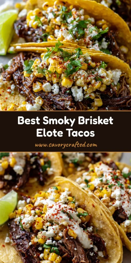 A close-up of three Brisket Elote Tacos topped with charred corn and creamy lime sauce on a wooden board. (Brisket Elote Tacos)