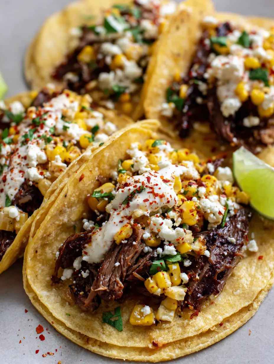 Close up smartphone photo of a handheld Brisket Elote Taco with dark bark meat and bright yellow charred corn. (Brisket Elote Tacos)