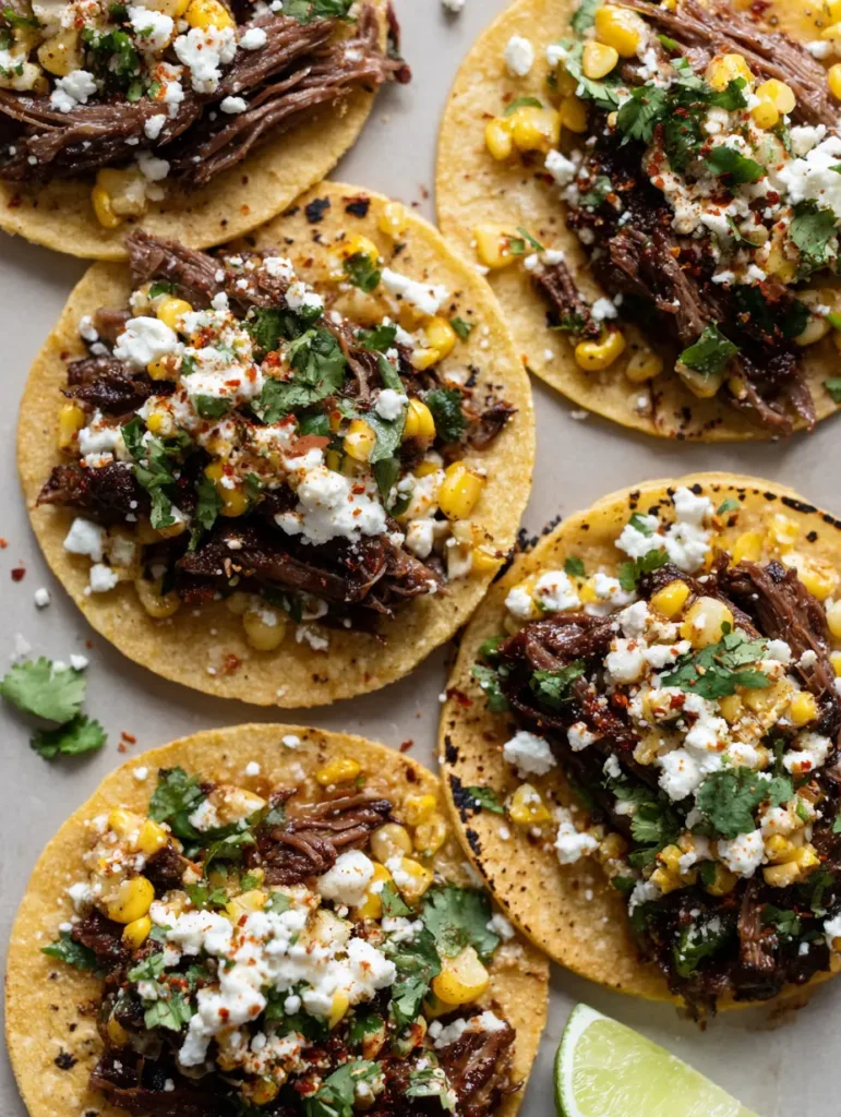 Multiple street tacos filled with shredded brisket and elote-style corn on a neutral surface.