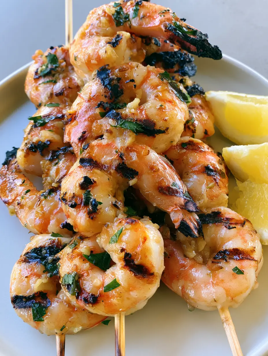 Grilled Shrimp Skewers with Lemon Garlic Oil and Fresh Parsley 3 Top-down view of plump Grilled Shrimp Skewers showing distinct grill marks and fresh herbs.