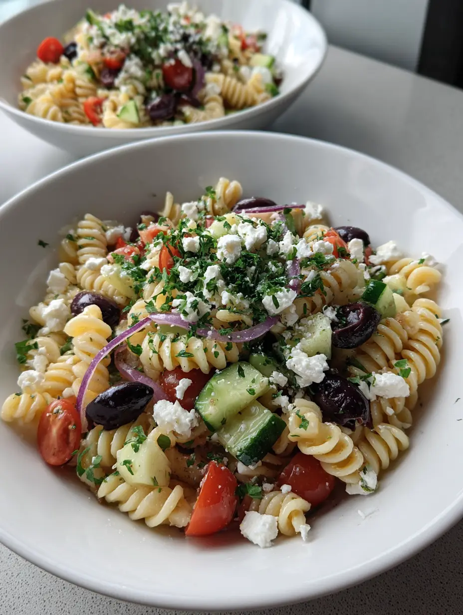 Overhead shot of Greek Olive Pasta Salad showing the clear herb dressing and purple Kalamata olives. (Greek Olive Pasta Salad)