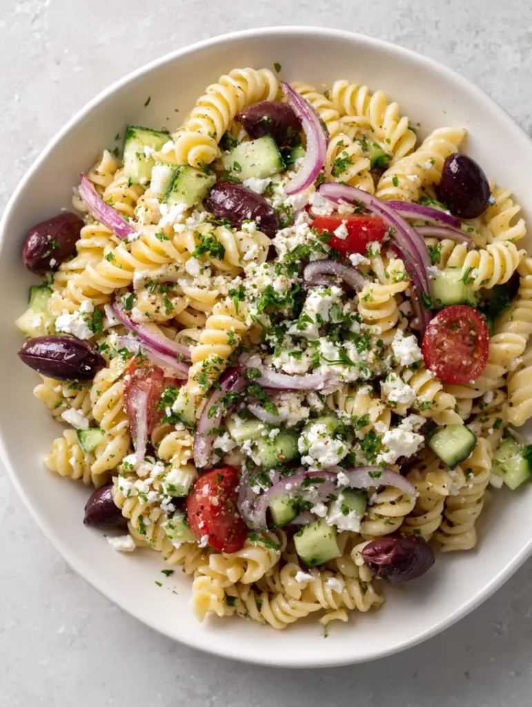 Greek Olive Pasta Salad presented in a simple white ceramic bowl on a light gray background.