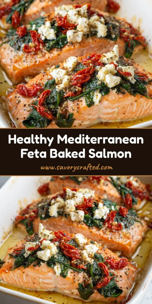 A top-down view of three thick Mediterranean Baked Salmon fillets in a ceramic dish topped with spinach, sun-dried tomatoes, and chunky feta cheese.