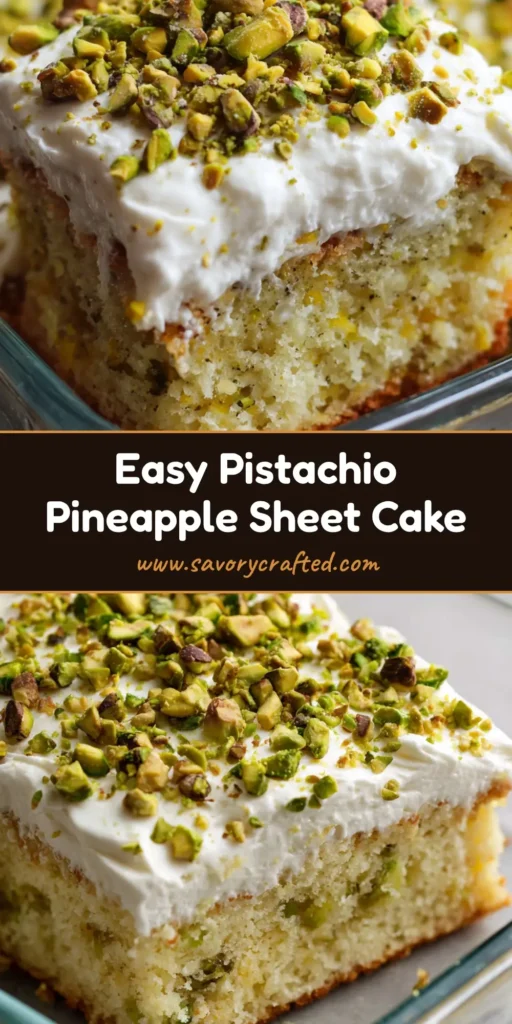 Top-down view of a Pistachio Pineapple Cake in a glass dish with thick white frosting and chopped green pistachios.
