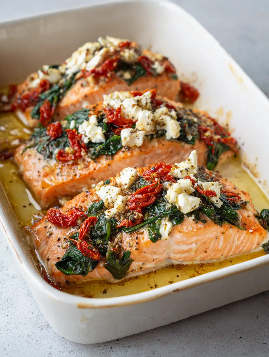 Close-up of Mediterranean Baked Salmon fillets in a white ceramic dish showing flaky pink protein and melted feta crumbles.