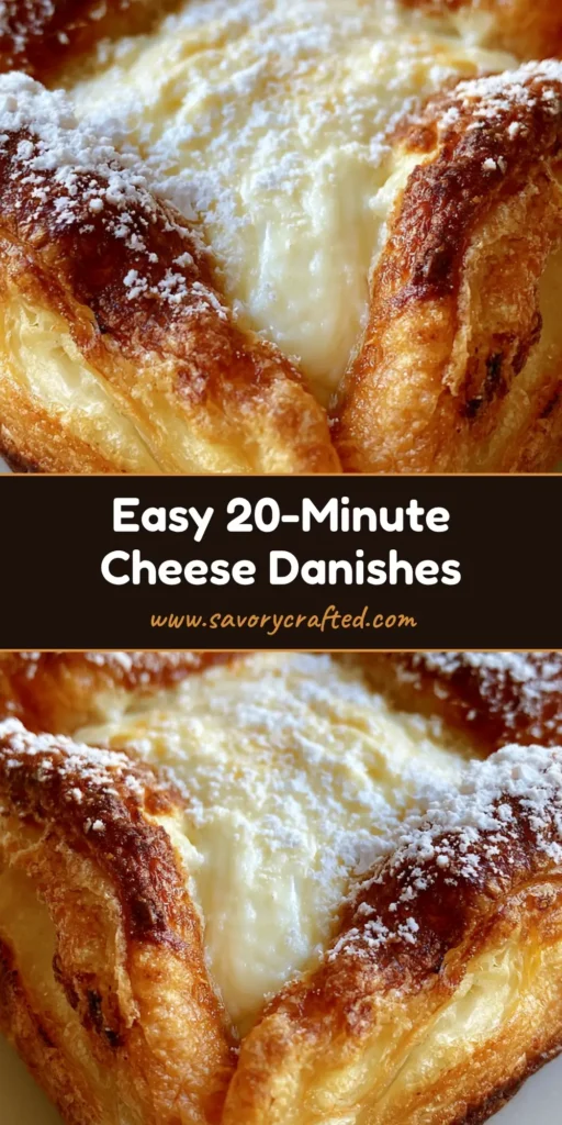 A close-up of a homemade Mini Cheese Danish with flaky golden-brown puff pastry, a creamy white filling, and powdered sugar dusting.