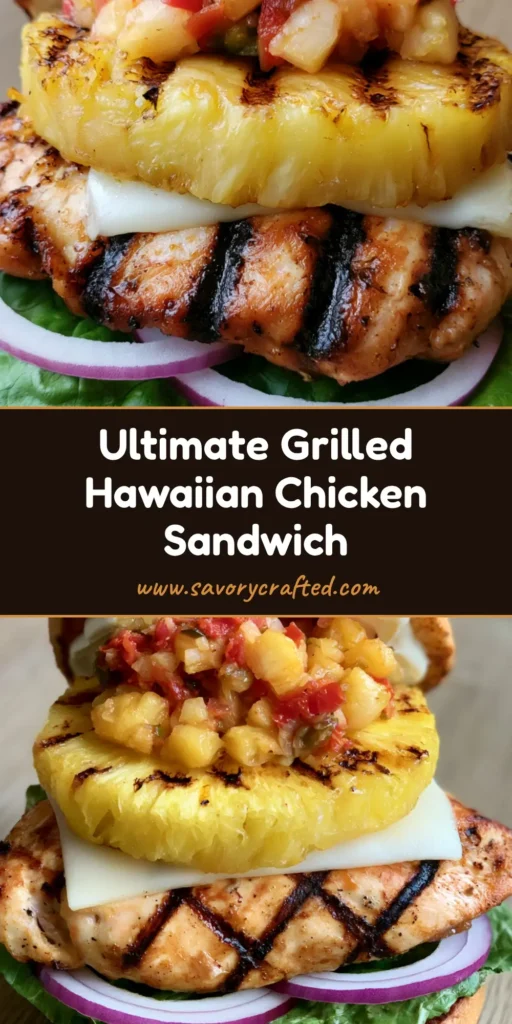Hawaiian Chicken Sandwich with Grilled Pineapple and Salsa 4 A gourmet Hawaiian Chicken Sandwich with a grilled pineapple ring, melted Swiss cheese, and vibrant red pepper salsa on a toasted brioche bun.
