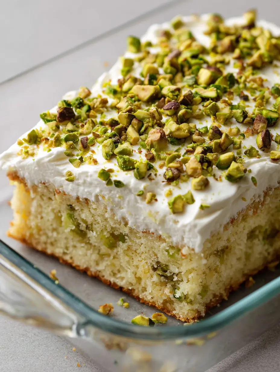 Close-up of a moist light green pistachio sponge cake with crushed pineapple bits inside a glass dish.