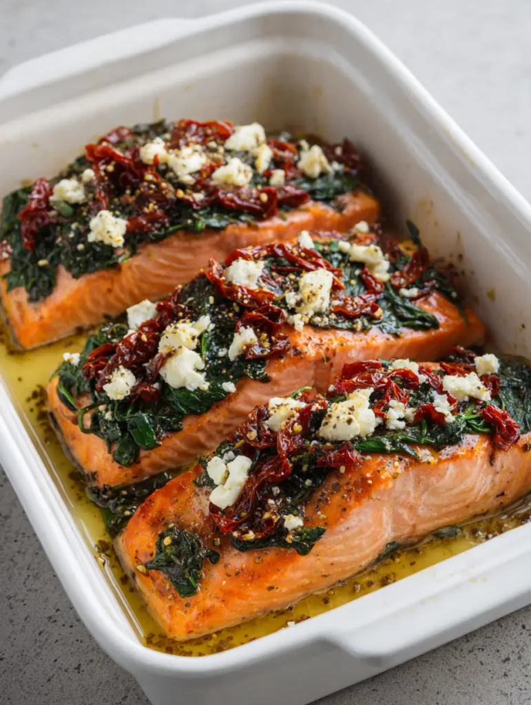 Handheld smartphone shot of Mediterranean Baked Salmon featuring wilted spinach and oregano specks.