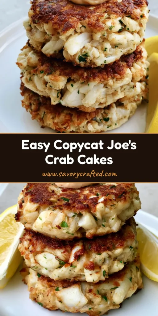 A stack of three Copycat Joe's Crab Shack Crab Cakes on a white plate with orange remoulade and lemon wedges.