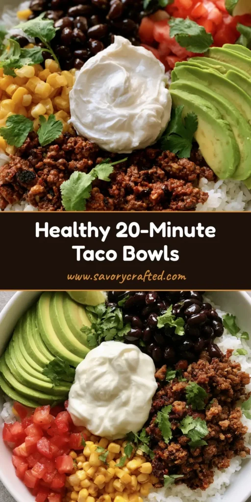 A vibrant Healthy Taco Bowl in a white dish featuring sections of seasoned beef, black beans, corn, and tomatoes on a bed of white rice with fanned avocado.