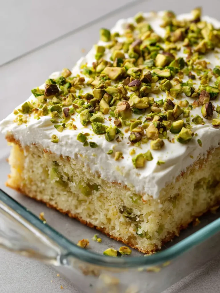 A thick layer of smooth white whipped cream frosting topped with roughly chopped roasted green pistachios.