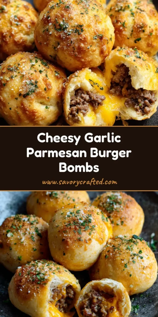 Garlic Parmesan Cheeseburger Bombs: The Ultimate 30-Minute Dinner 4 Handheld photo of six golden-brown Garlic Parmesan Cheeseburger Bombs on a dark ceramic plate with a cheese pull.