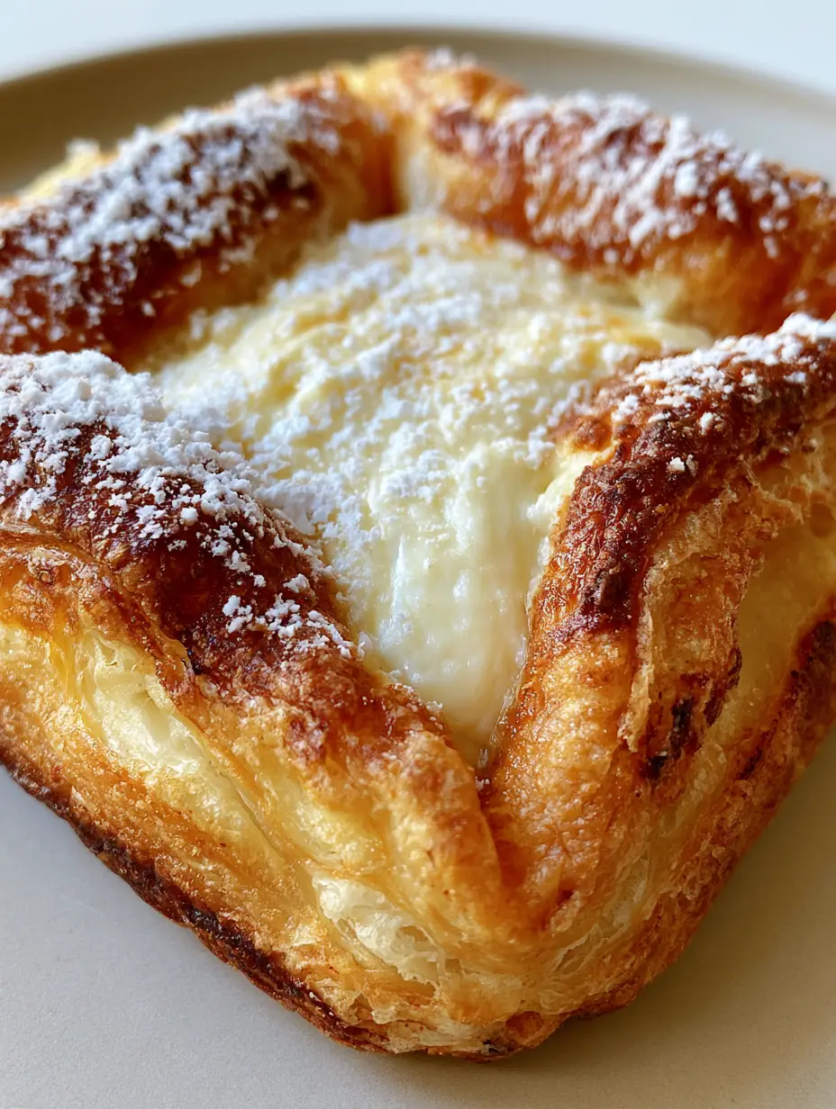 Handheld shot of a Mini Cheese Danish showing the buttery layered texture and caramelized edges.